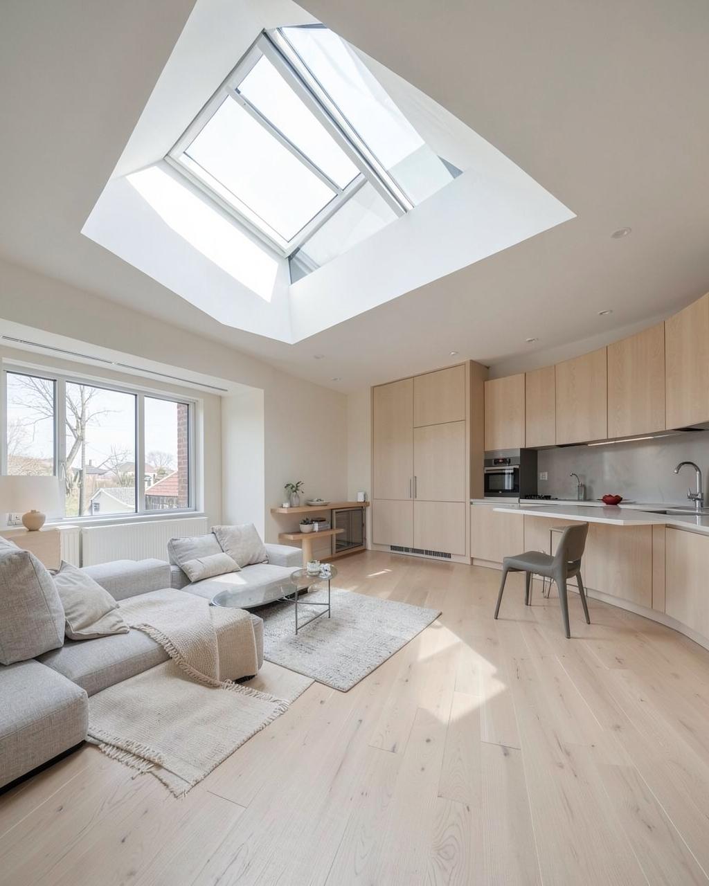Open-plan living and kitchen loft with skylight and pale timber floors